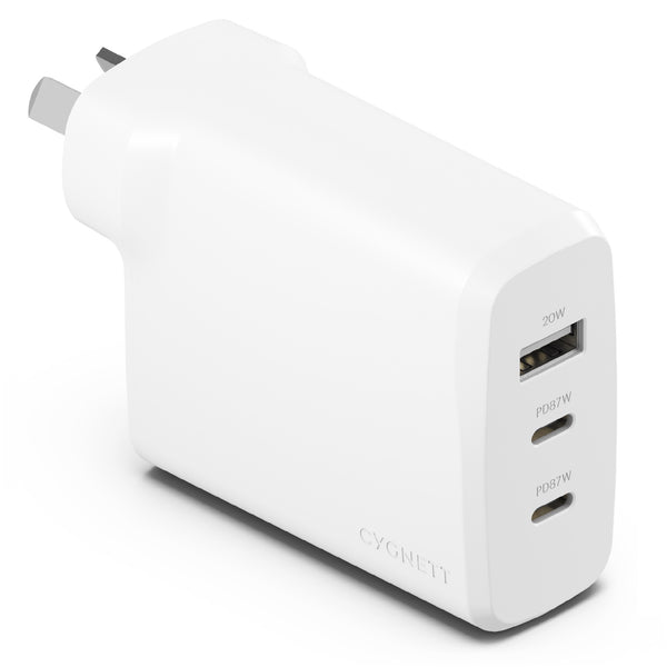 Cygnett PowerPlus 87W Triple Port Fast GaN Wall Charger - Whiter - White