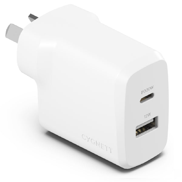 Cygnett PowerPlus 32W Dual Port (20W USB-C + 12W USB-A) PD Fast Wall Charger - White