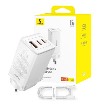 Baseus - GaN5 Pro Fast Charger 2xUSB-C 1xUSB 65W  Moon White