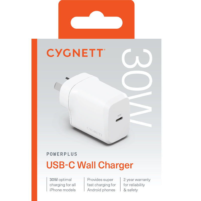 Cygnett PowerPlus 30W USB-C PD GaN Fast Wall Charger - White