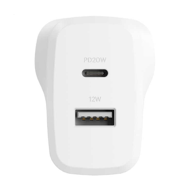 Cygnett PowerPlus 32W Dual Port (20W USB-C + 12W USB-A) PD Fast Wall Charger - White