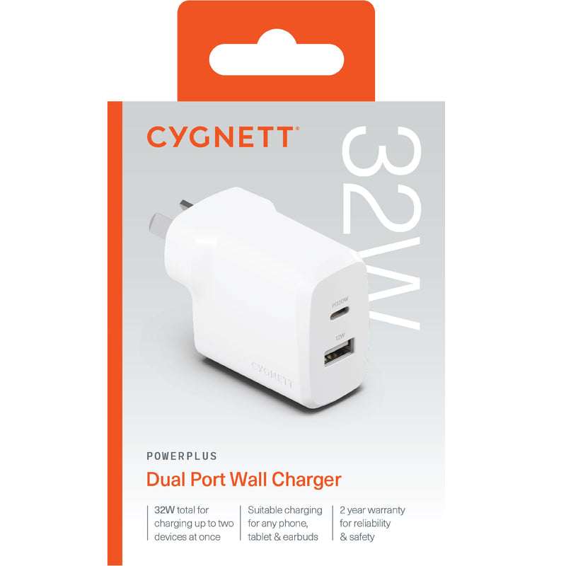 Cygnett PowerPlus 32W Dual Port (20W USB-C + 12W USB-A) PD Fast Wall Charger - White