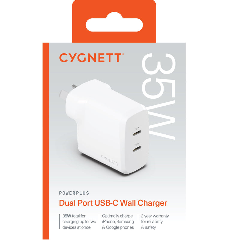 Cygnett PowerPlus 35W Dual Port USB-C PD Fast Wall Charger - White