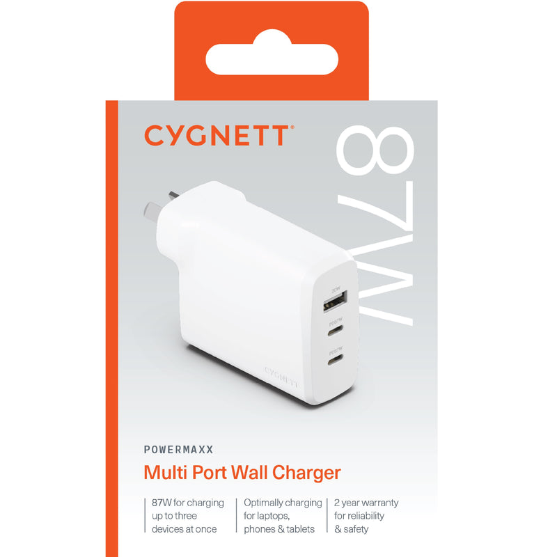 Cygnett PowerPlus 87W Triple Port Fast GaN Wall Charger - Whiter - White