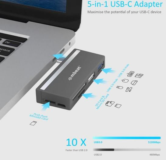 mbeat® Essential  5-IN-1 USB- C Hub ( USB hub 2.0, 3.0, SD/TF Card Reader Supports SDXC, MicroSDXC)