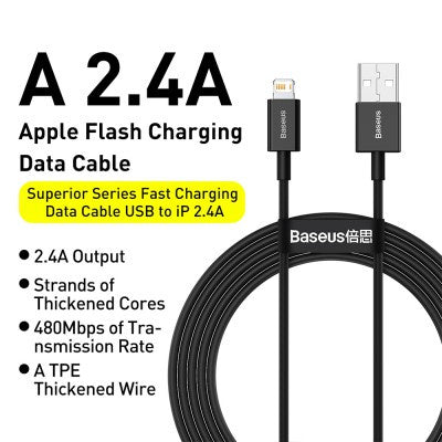 Baseus - Superior Series Fast Charging Data Cable USB-A to iP 2.4A 1M (Black)
